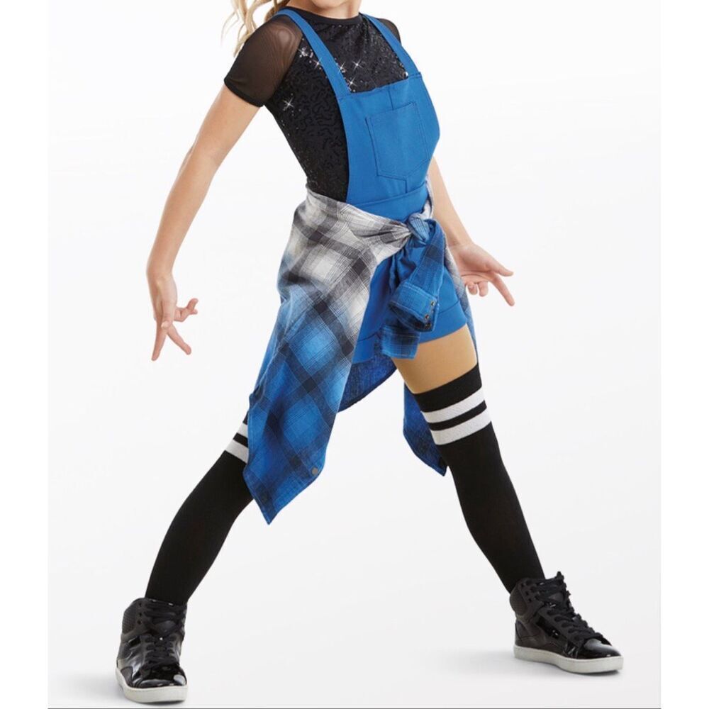 Weissman Dance Wear Sequin Short Sleeve Top and Cotton Bright Blue Shortalls Set